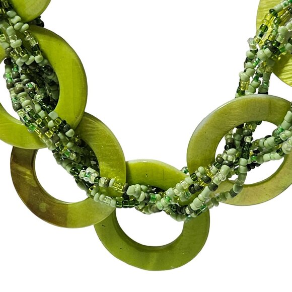 Handcrafted Retro Green Beaded Necklace Interlocking Rings 60s 70s Fashion Women - Picture 2 of 6